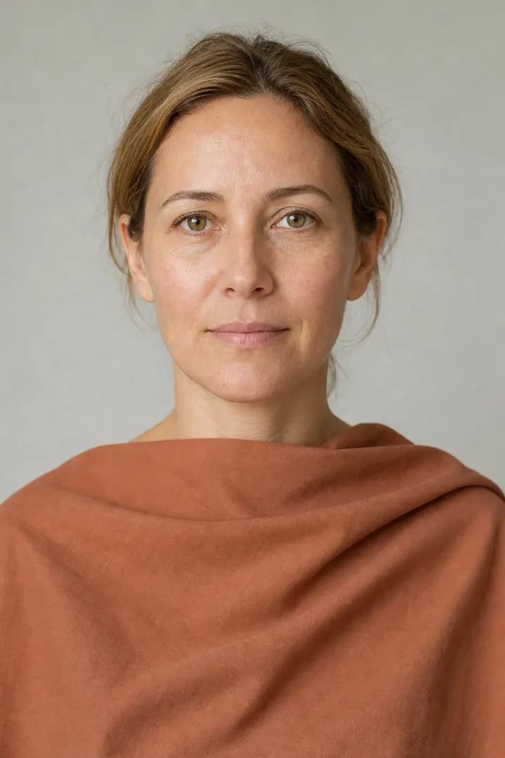Portrait d’illustration : une femme drapée de terre cuite douce, une couleur de la palette Automne doux.
