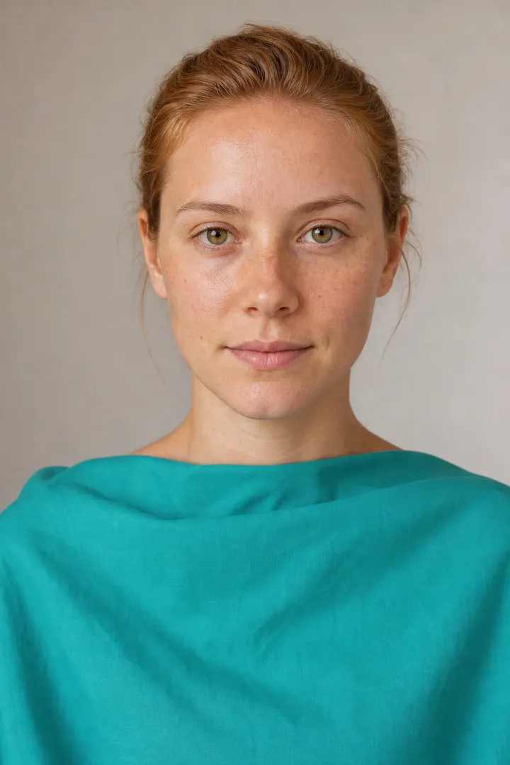 Portrait d’illustration : une femme drapée de turquoise, une couleur de la palette Printemps chaud.